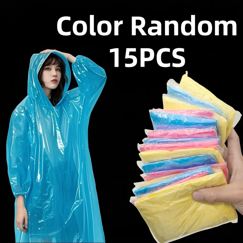 Emergency Poncho Rain - 15/30枚入り ランダムカラー使い捨て透明レインポンチョ（大人用） - 軽量、折りたたみ可能な緊急用雨具、赤/青/黄、通気性のあるプラスチック素材、ハイキング、釣り、サイクリングなどのアウトドアアクティビティに最適、様々な色をご用意、携帯用収納バッグ付き