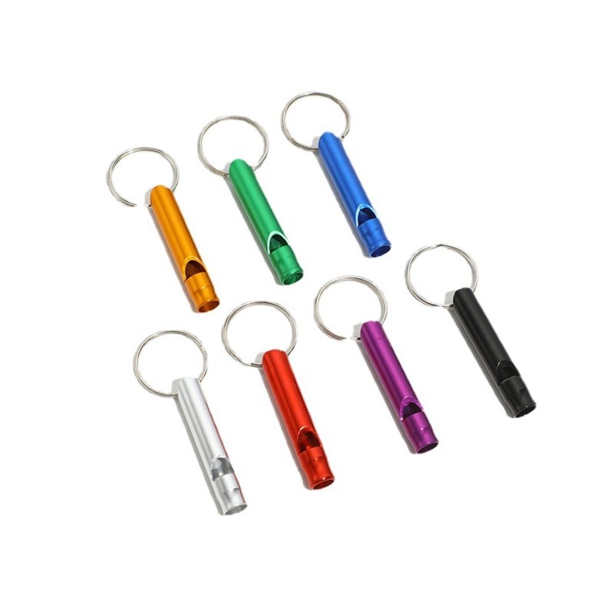 Emergency Whistle Loud - 7色ランダムカラーの緊急用ホイッスル（キーチェーン付き）、アルミ製超大音量安全サバイバルホイッスルキーチェーン（アウトドアスポーツ用）