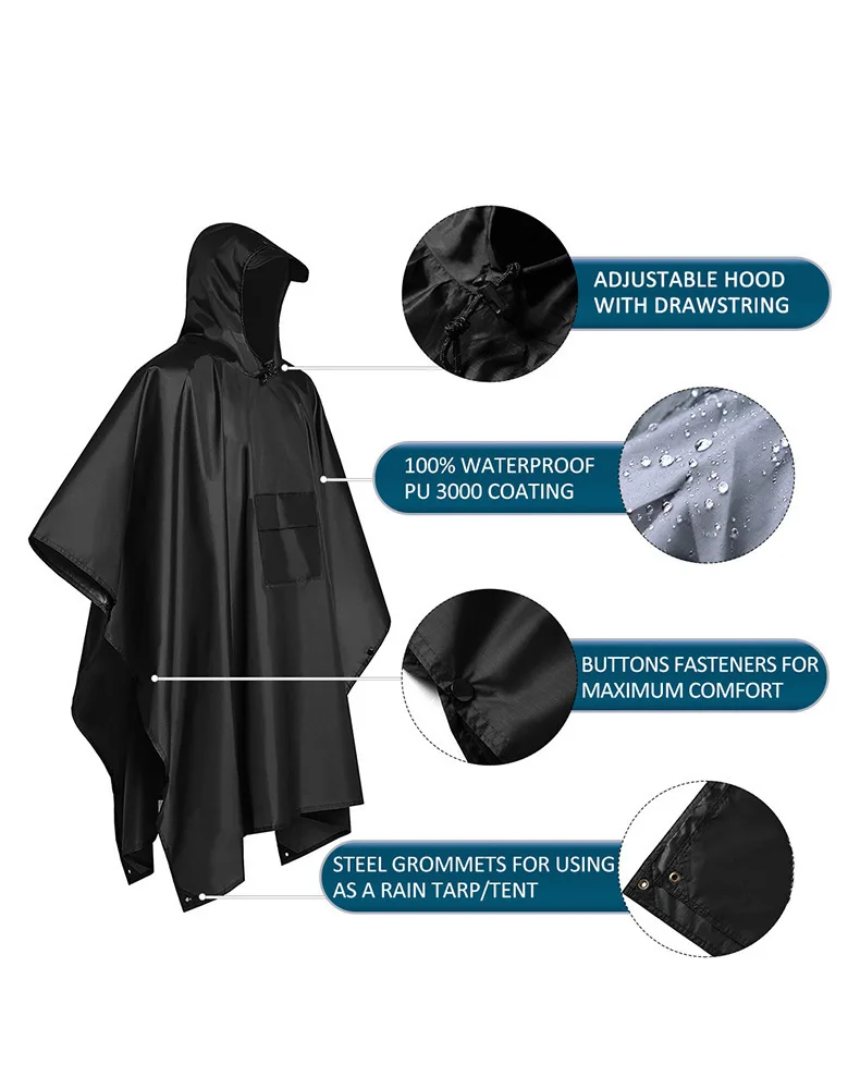 Emergency Poncho Rain - 2026年 キャンプ・ハイキング用 3-in-1 防水フード付きレインポンチョ 袖付き 多機能アウトドアレインギア