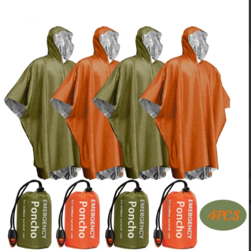 Survival Blanket Reflective - 携帯用緊急ポンチョ4点セット、熱反射断熱レインコートブランケット、キャンプ・ハイキング・車両用サバイバルギア
